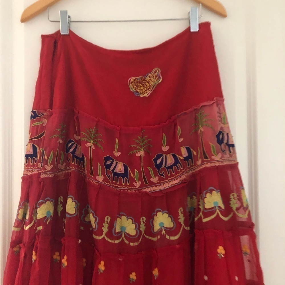 Juliet Dunn London Boho Embroidered Elephant Bird Tiered Midi Skirt Large - Picture 7 of 8